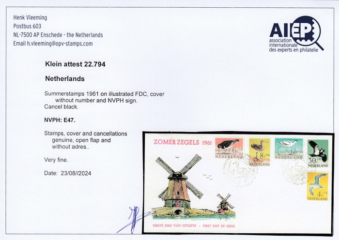 Holland 1961/1961 - Holland Zomerzegels 1961 NVPH: E47 FDC Med VLEEMING Certifikat