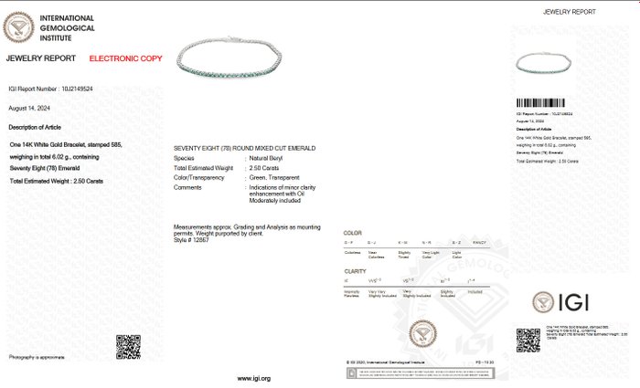 Ingen mindstepris - Armbånd - 14 karat Hvidguld -  250ct tw Smaragd - IGI