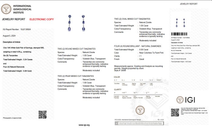 Ingen mindstepris - Øreringe - 14 karat Hvidguld -  3.32ct. tw. Tanzanit - Diamant - Pink - IGI