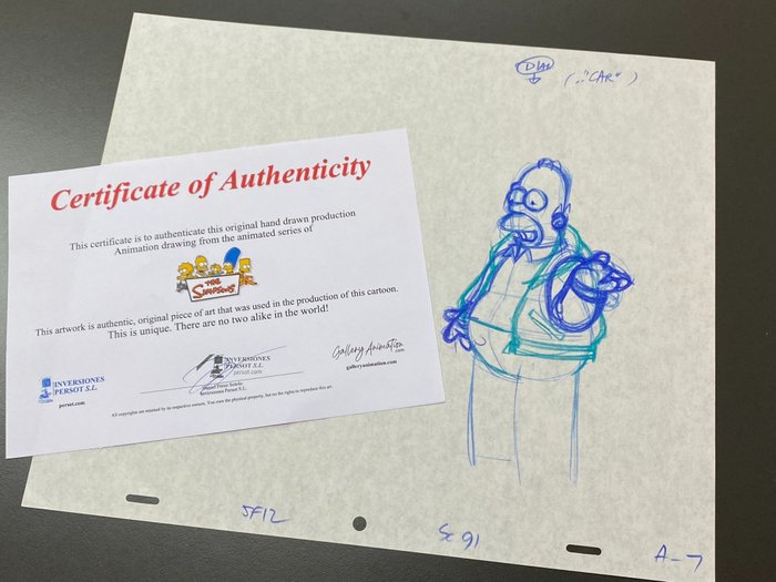 The Simpsons - 1 Original animationstegning af Homer Simpson, certificeret