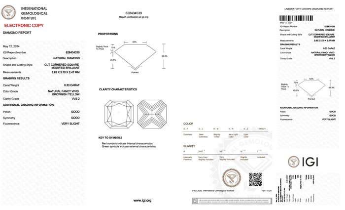 Ingen mindstepris - 1 pcs Diamant  (Naturfarvet)  - 033 ct - Radiant - Fancy vivid Brunlig Gul - VVS2 - International Gemological Institute (IGI)