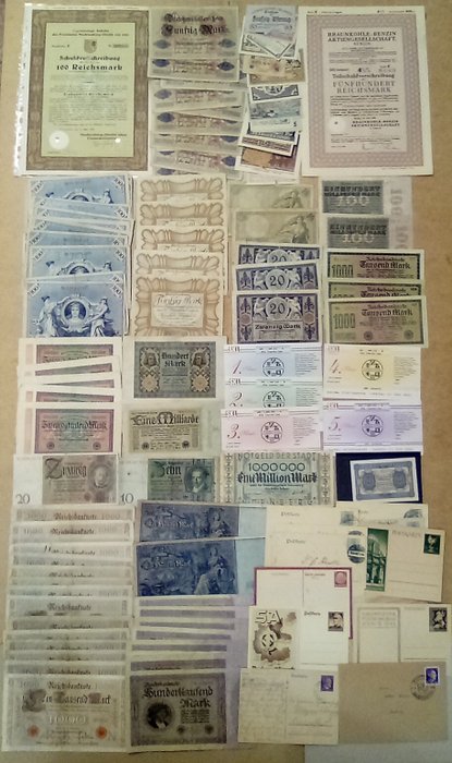 Tyske Stater. - 114 banknotes / bonds / coupons / postcards - various dates  (Ingen mindstepris)