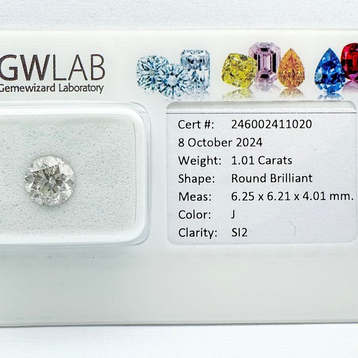 Ingen mindstepris - 1 pcs Diamant  (Natur)  - 1.01 ct - Rund - J - SI2 - Gemewizard Gemological Laboratory (GWLab)