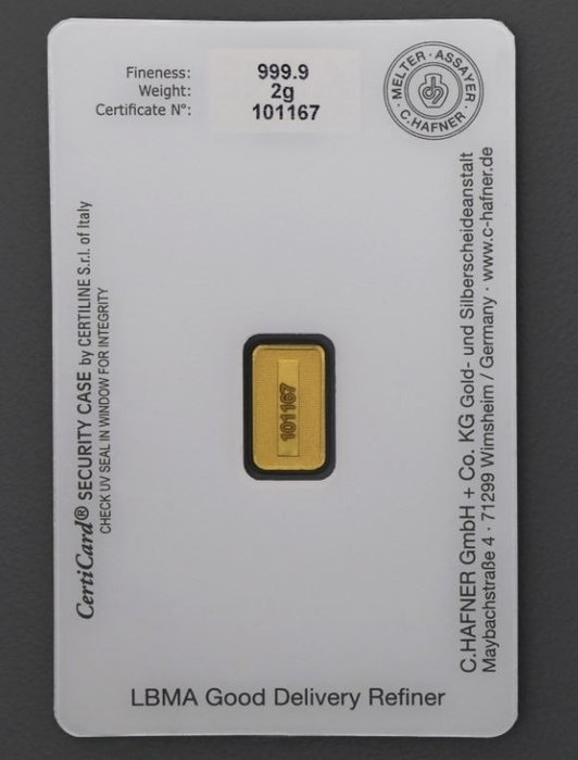 5 gram - Guld 999 - C. Hafner, Germany - Forseglet