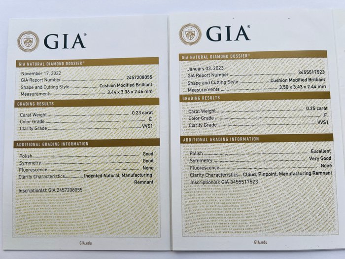 Ingen mindstepris - 2 pcs Diamant  (Natur)  - 048 ct - Pude - E F - VVS1 - Gemological Institute of America (GIA)