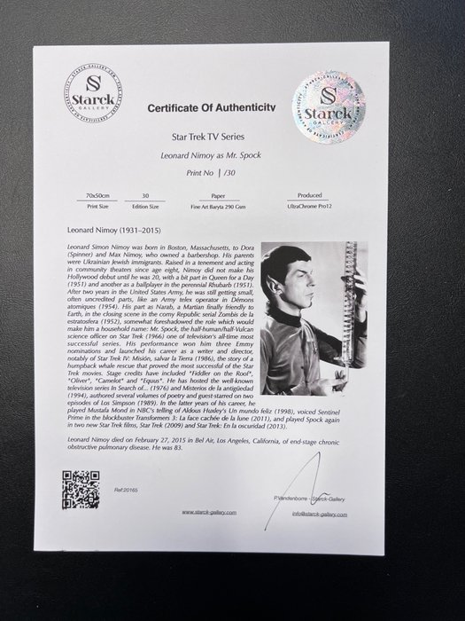 Star Trek TV Series - Leonard Nimoy as Mr. Spock - Fine Art Photography - Luxury Wooden Framed 70X50 cm - Limited Edition Nr 01 of 30 - Serial ID 20165 - Original Certificate (COA), Hologram Logo Editor and QR Code - 100% New items.