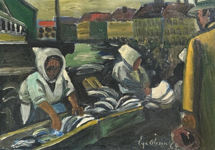 Eyvind Olesen (1907-1995) - Le Marché aux poissons au bord du canal