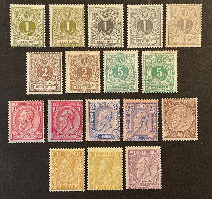 Belgien 1884/1891 - Udgave 1884 Liggende løve + Leopold II med yderligere nuancer - ex. OBP 42/52