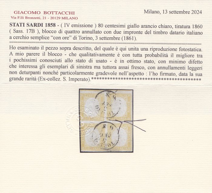 Antikke Italienske Stater - Sardinien 1858 - 80'er sæt på fire, lys gul orange, brugt, meget sjælden - Sassone 17B