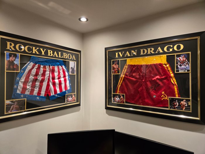 Rocky IV - Lot of 3 - 2x Framed Displays with Shorts signed by Sylvester Stallone  Dolph Lundgren  1x Replica Belt