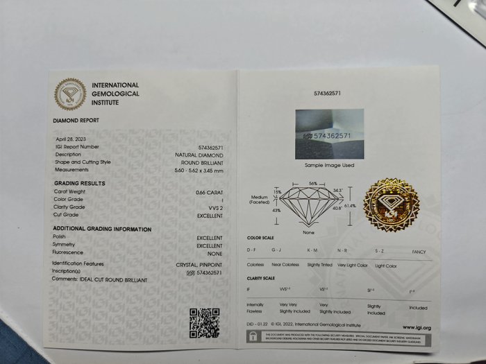 1 pcs Diamant  (Natur)  - 0.66 ct - Rund - I - VVS2 - IGI (B)