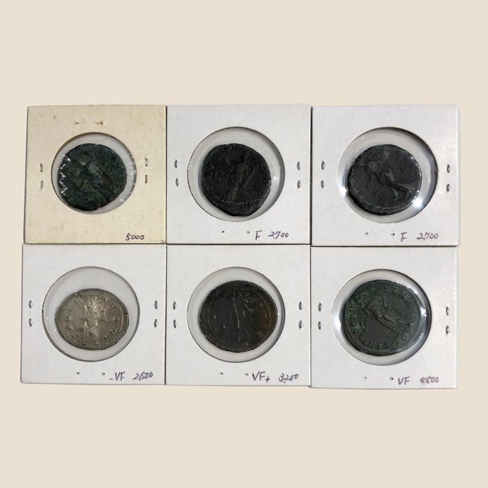 Romarriket Lot of 6 coins incl: Ases of Antoninus Pius  Marcus Aurelius; Antoniniani of Philip I  Aurelian; Diocletian  (Ingen mindstepris)