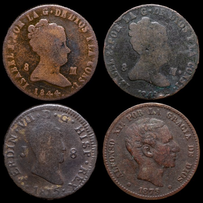 Kongeriget Spanien Lote de 4 monedas Fernando VII Isabel II y Alfonso XII  (Ingen mindstepris)