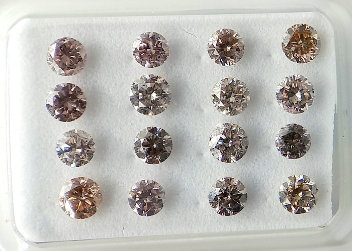 Ingen mindstepris - 16 pcs Diamant  (Naturfarvet)  - 127 ct - Rund - Fancy light Rosa Brun - I1 SI1 - Antwerp Laboratory for Gemstone Testing (ALGT)