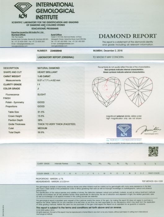 1 pcs Diamant  (Natur)  - 1.45 ct - Hjerte - J - I1 - International Gemological Institute (IGI) - 1,45 ct. Hjerte strålende