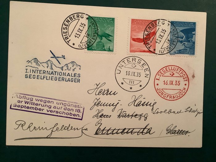 Liechtenstein 1935 - Fugle på et rigtigt første fly-luftpostbrev - Michel 145/147