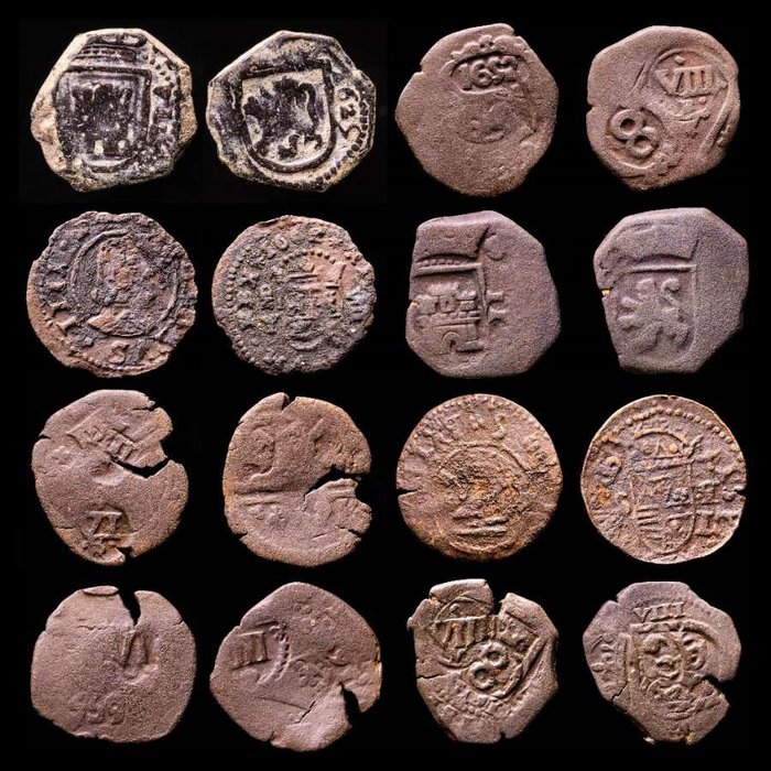 Spanien Felipe II (1556-1598) - Felipe III (1598-1621) - Felipe IV (1621-1665) Maravedi Casa de Austria Lote de ocho (8) monedas  (Ingen mindstepris)