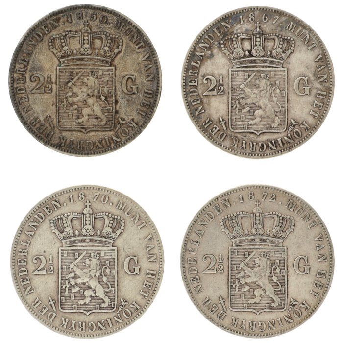 Holland. Willem II. 2 1/2 Gulden 1850/1872 (4 stuks)  (Ingen mindstepris)