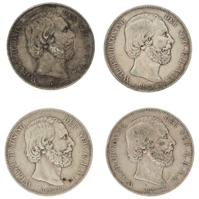 Holland. Willem II. 2 1/2 Gulden 1850/1872 (4 stuks)  (Ingen mindstepris)