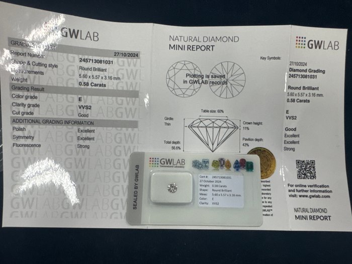 Ingen mindstepris - 1 pcs Diamant  (Natur)  - 0.58 ct - Rund - E - VVS2 - Gemewizard Gemological Laboratory (GWLab)