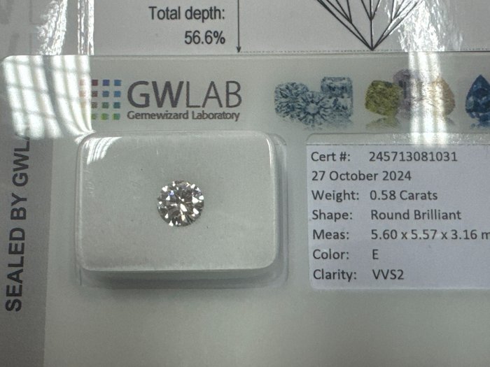 Ingen mindstepris - 1 pcs Diamant  (Natur)  - 0.58 ct - Rund - E - VVS2 - Gemewizard Gemological Laboratory (GWLab)