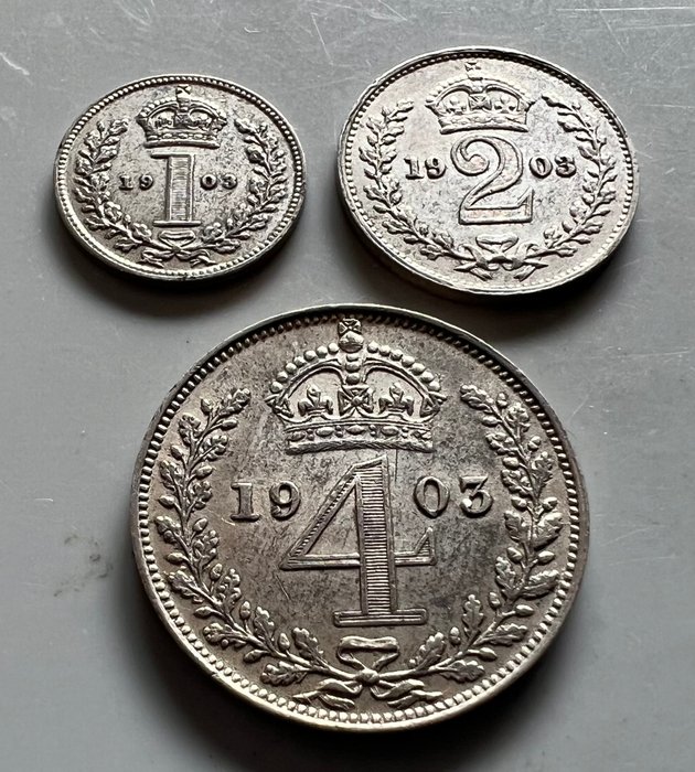 Storbritannien. Edvard 7. af Storbritannien (1901-1910). Lot of 1 penny, 2 penny en 4 penny 1903 Maundy zilver 1 penny, 2 penny en 4 penny 1903 Maundy zilver  (Ingen mindstepris)