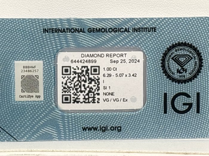 Ingen mindstepris - 1 pcs Diamant  (Natur)  - 1.00 ct - Radiant - I - SI1 - Istituto Gemmologico Italiano (IGI)