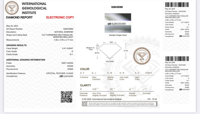 1 pcs Diamant  (Natur)  - 0.41 ct - Radiant - D (farveløs) - SI1 - International Gemological Institute (IGI)