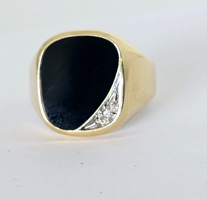 Ingen mindstepris - Signetring - 14 karat Gulguld - Diamanter og onyx