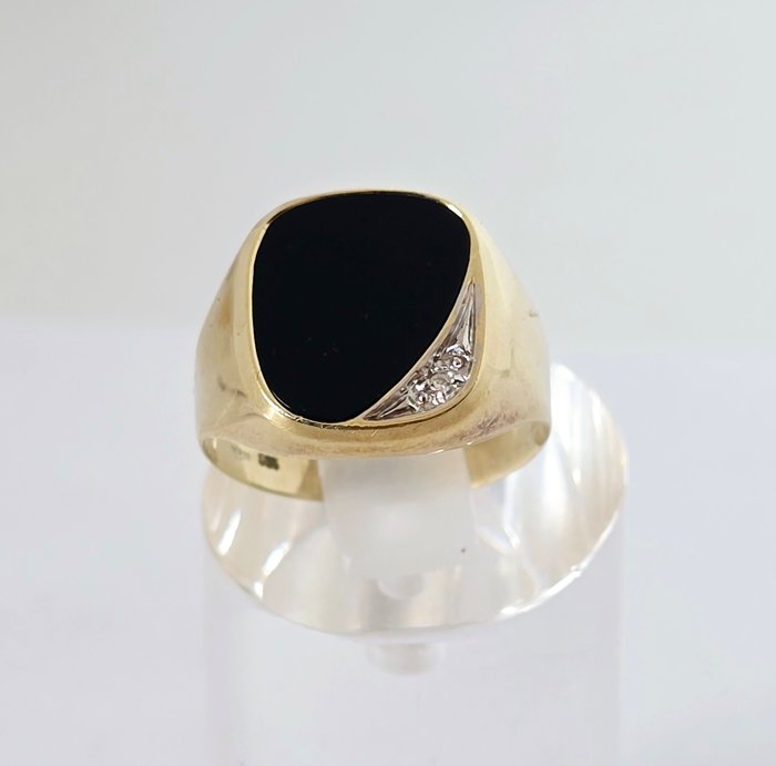 Ingen mindstepris - Signetring - 14 karat Gulguld - Diamanter og onyx