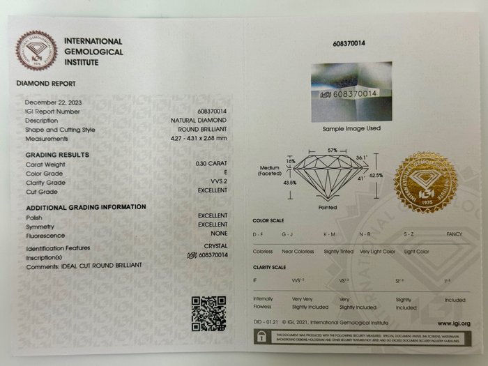 1 pcs Diamant  (Natur)  - 0.30 ct - Rund - E - VVS2 - International Gemological Institute (IGI) - *3EX* *INGEN* *IDEAL*