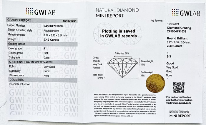 1 pcs Diamant  (Natur)  - 249 ct - Rund - F - SI3 - Gemewizard Gemological Laboratory (GWLab)