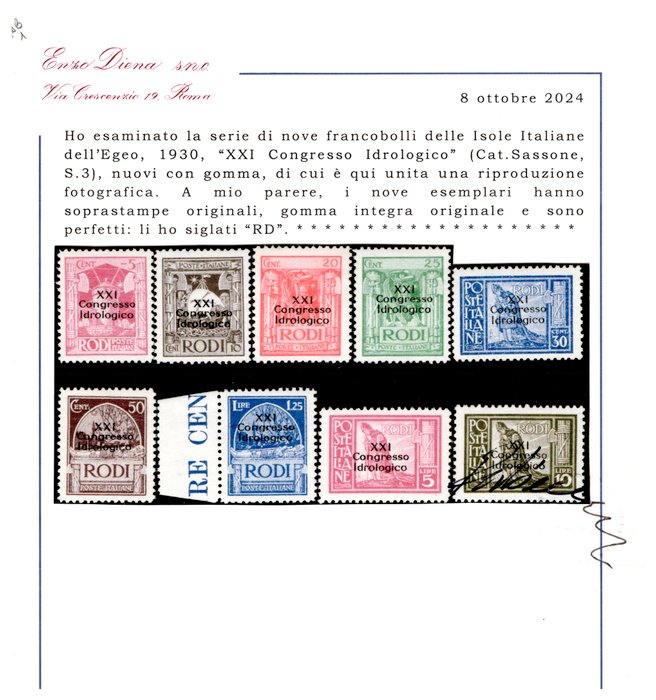 Italienske Ægæiske Øer - Rodi 1930/1930 - Rodi MNH hydrogeologisk kongres Diena certificeret - Sassone  S.3