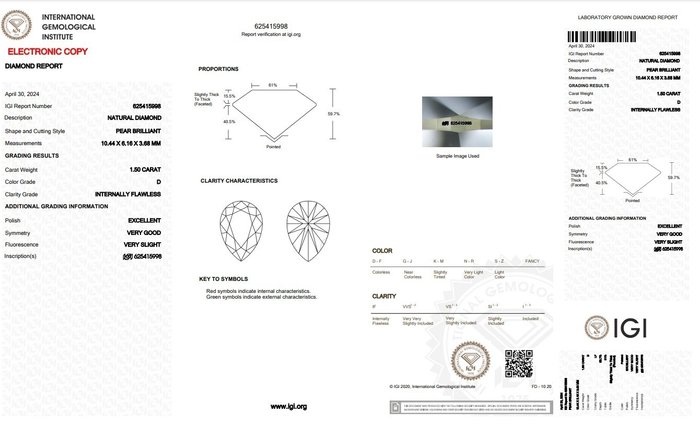 Ingen mindstepris - 1 pcs Diamant  (Natur)  - 150 ct - Pære - D (farveløs) - IF - International Gemological Institute (IGI) - Ideel skåret DIF pære