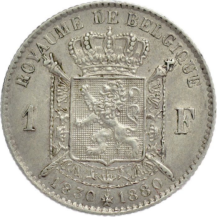 Belgien. Leopold II (1865-1909). 1 Franc 1880 - 50th Anniversary of Independence - variety with incomplete cross