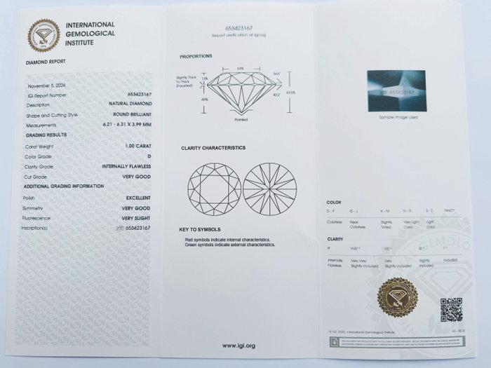 Ingen mindstepris - 1 pcs Diamant  (Natur)  - 1.00 ct - Rund - D (farveløs) - IF - International Gemological Institute (IGI) - *VG EX VSL*