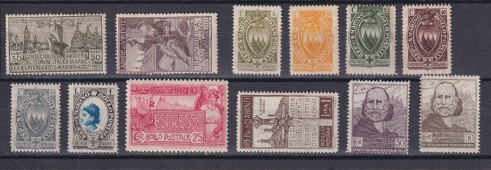 San Marino 1921/1927 - Parti af 9 serier plus N.88,89,97,129,133. MH. Nogle ufuldstændige serier af lave værdier. - Sassone Serie da 16 a 25; Sassone 88,89,97,129,133