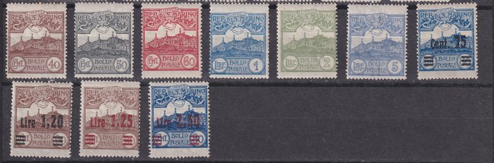 San Marino 1921/1927 - Parti af 9 serier plus N.88,89,97,129,133. MH. Nogle ufuldstændige serier af lave værdier. - Sassone Serie da 16 a 25; Sassone 88,89,97,129,133