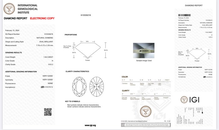 1 pcs Diamant  (Natur)  - 1.04 ct - Oval - H - VVS2 - International Gemological Institute (IGI)