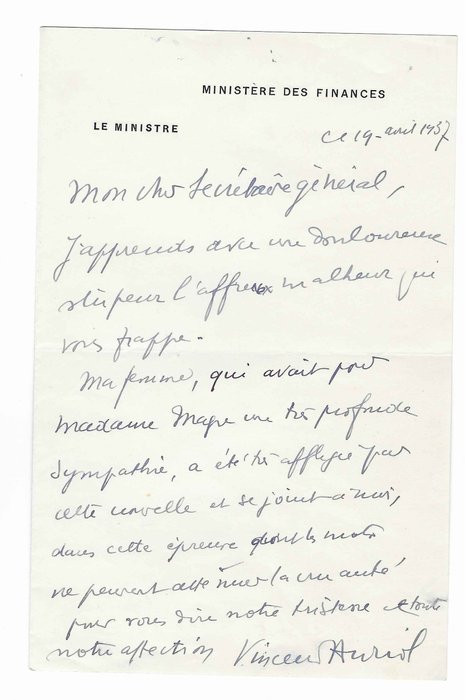 Vincent Auriol [Président de la République] - Lettre autographe signée - 1937