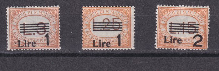 San Marino 1936/1939 - Komplet sæt af 7 skattemærker overtrykt 1925, Sassone 47/53. MH - Sassone Serie 805