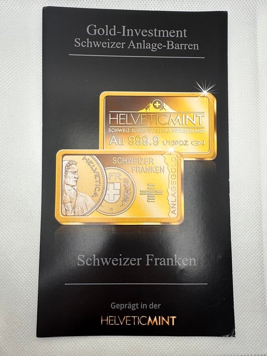 Tyskland. Gold Bar Schweizer Franken , oro 1/100 Oz (.999) Proof  (Ingen mindstepris)