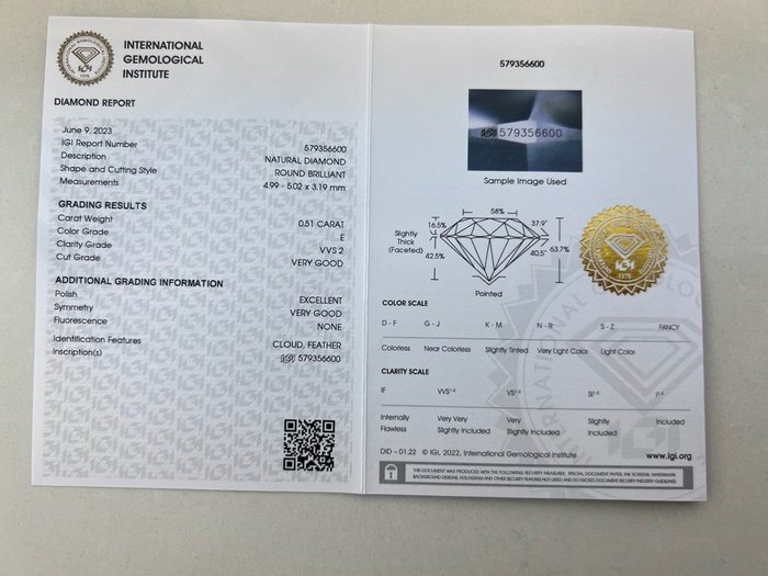 1 pcs Diamant  (Natur)  - 0.51 ct - Rund - E - VVS2 - International Gemological Institute (IGI)