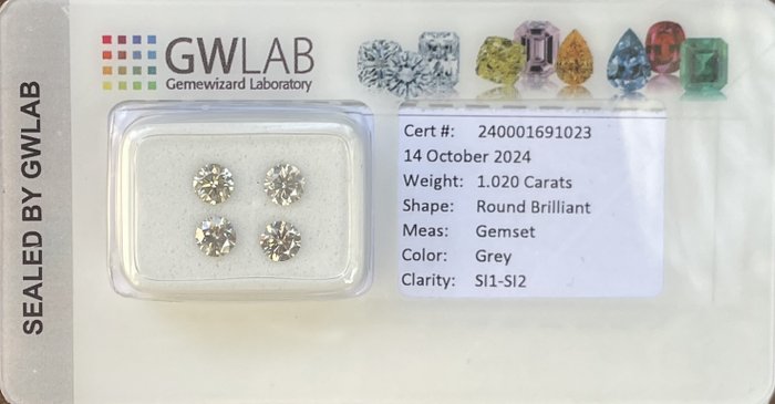 Ingen mindstepris - 4 pcs Diamant  (Natur)  - 1.02 ct - Rund - SI1, SI2 - Gemewizard Gemological Laboratory (GWLab) - Grå