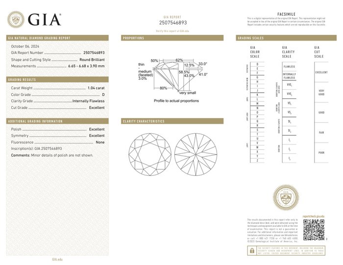 1 pcs Diamant  (Natur)  - 1.04 ct - Rund - D (farveløs) - IF - Gemological Institute of America (GIA)