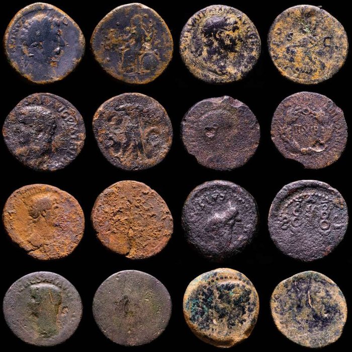 Romerriget (Provinsielt). Lot comprising eight (8) AE coins. Ases and Dupondius Marcus Aurelius, Claudius I, Tiberius, Augustus Hadrian  Trajan  (Ingen mindstepris)