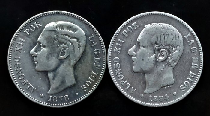 Spanien. 2 Moedas - 5 Pesetas - Alfonso XII 2nd portrait 1879 DEM *78 e 5 Pesetas - Alfonso XII 3rd portrait  (Ingen mindstepris)