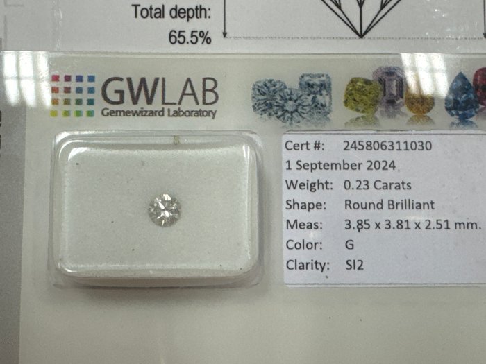 Ingen mindstepris - 1 pcs Diamant  (Natur)  - 0.23 ct - Rund - G - SI2 - Gemewizard Gemological Laboratory (GWLab)