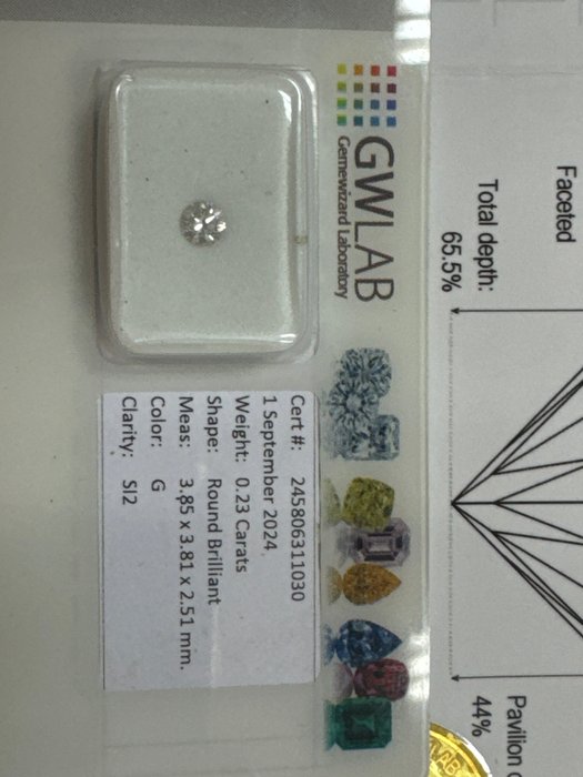 Ingen mindstepris - 1 pcs Diamant  (Natur)  - 0.23 ct - Rund - G - SI2 - Gemewizard Gemological Laboratory (GWLab)