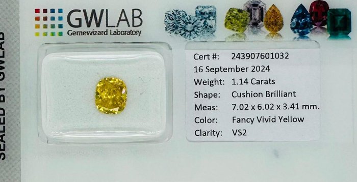 1 pcs Diamant  (Farvebehandlet)  - 1.14 ct - Pude - Fancy vivid Gul - VS2 - Gemewizard Gemological Laboratory (GWLab)